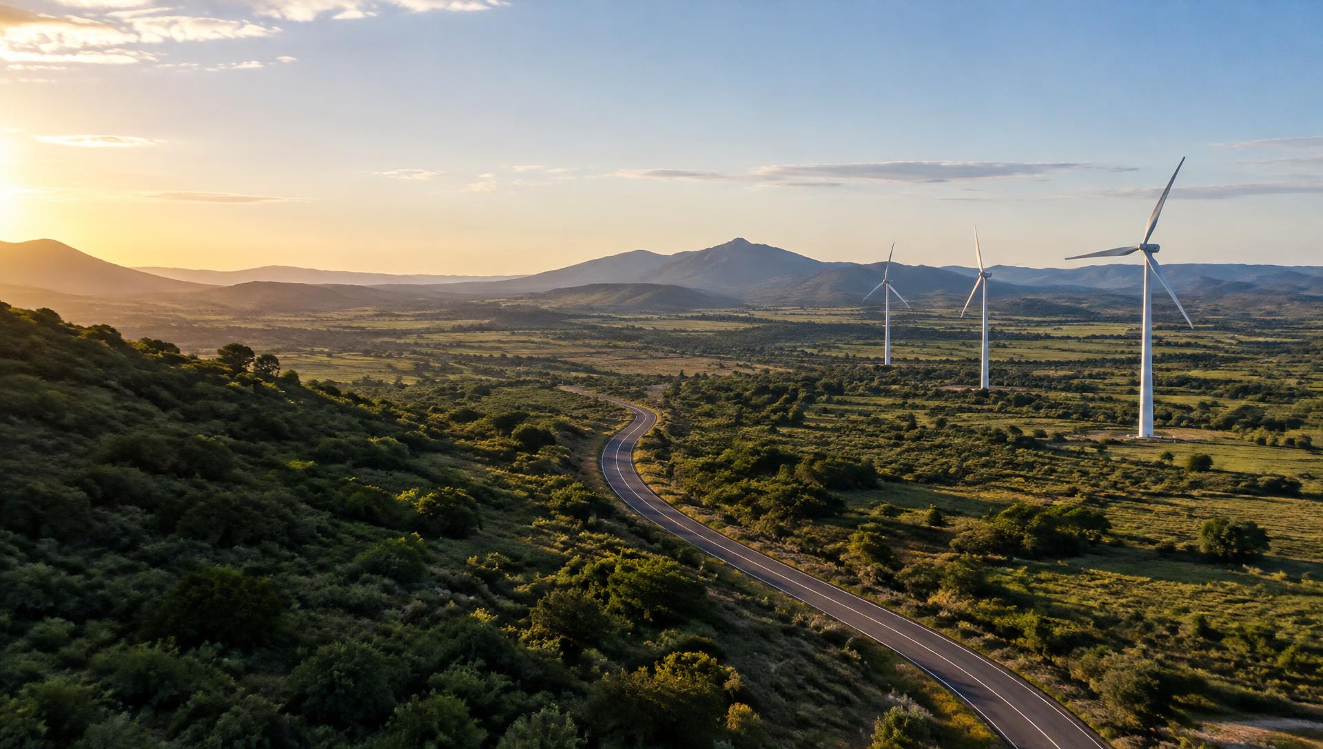 Paisaje de México con aerogeneradores y un camino entre montañas